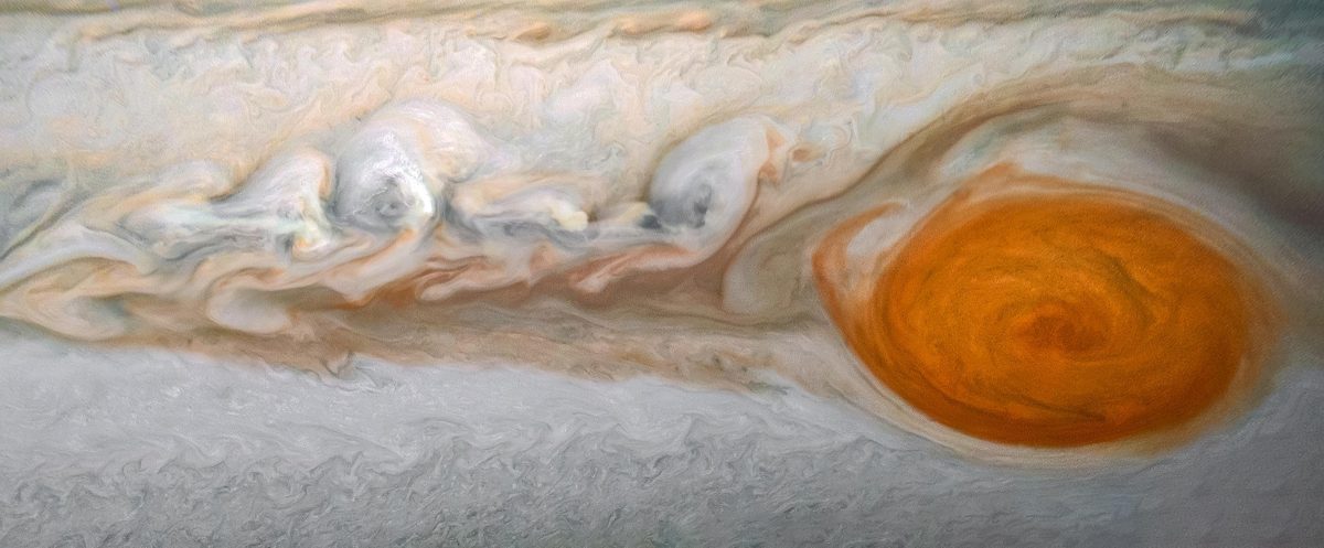 Jupiter's Great Red Spot, a storm larger than Earth, photographed by NASA's Juno spacecraft
